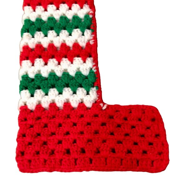 Vintage Handmade Christmas Stocking Used Crochet Red Green 70s - Picture 4 of 6